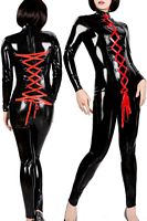 Vinyl Catsuit with Red Laces and Zipper Crotch