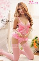 Satin Lace Camisole with Garters, G-String, and Stockings