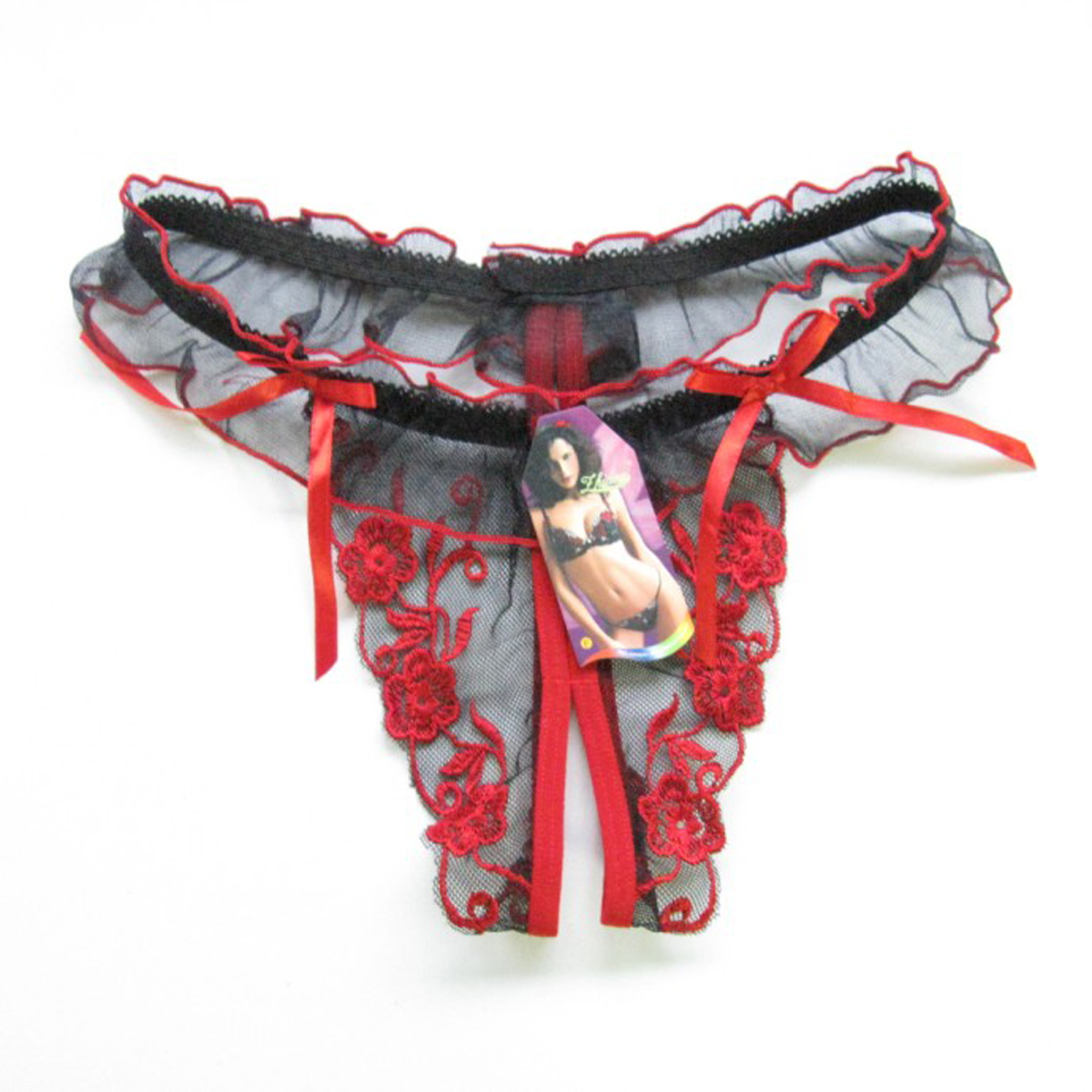 Flower Embroidered Crotchless Panties